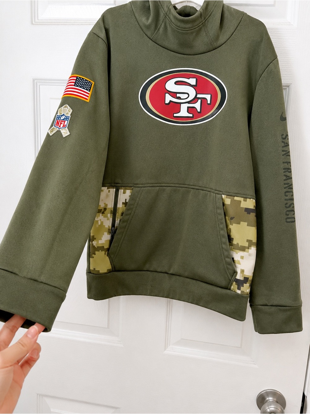 NFL Kids San Francisco 49ers Olive Green Pullover Hoodie with Camo Accents